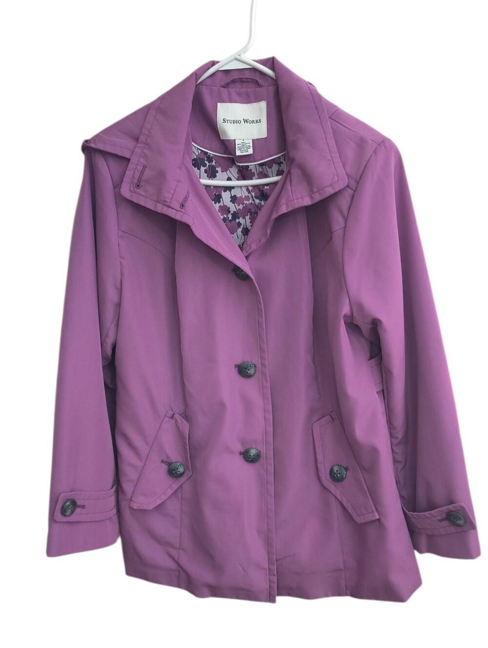 Studio Works Lavender Purple Button-Front Short Trench Coat Size L